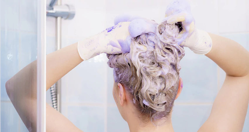 women applying purple shampoo on her hair by natural riches