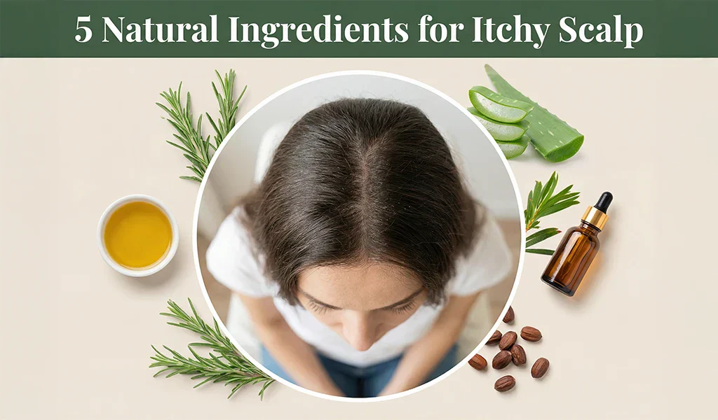 Top view woman scalp with rosemary aloe jojoba and natural oils for itchy scalp treatment