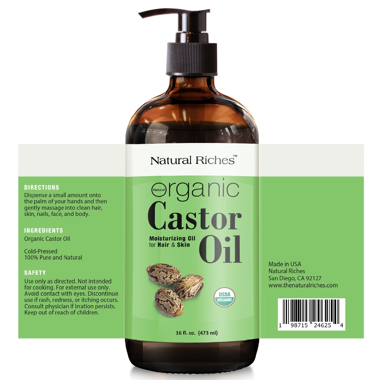 Organic Castor Oil Cold pressed Glass Bottle USDA certified