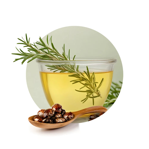 Glass of rosemary tea with a wooden spoon containing dried rosemary and berries on a white background.