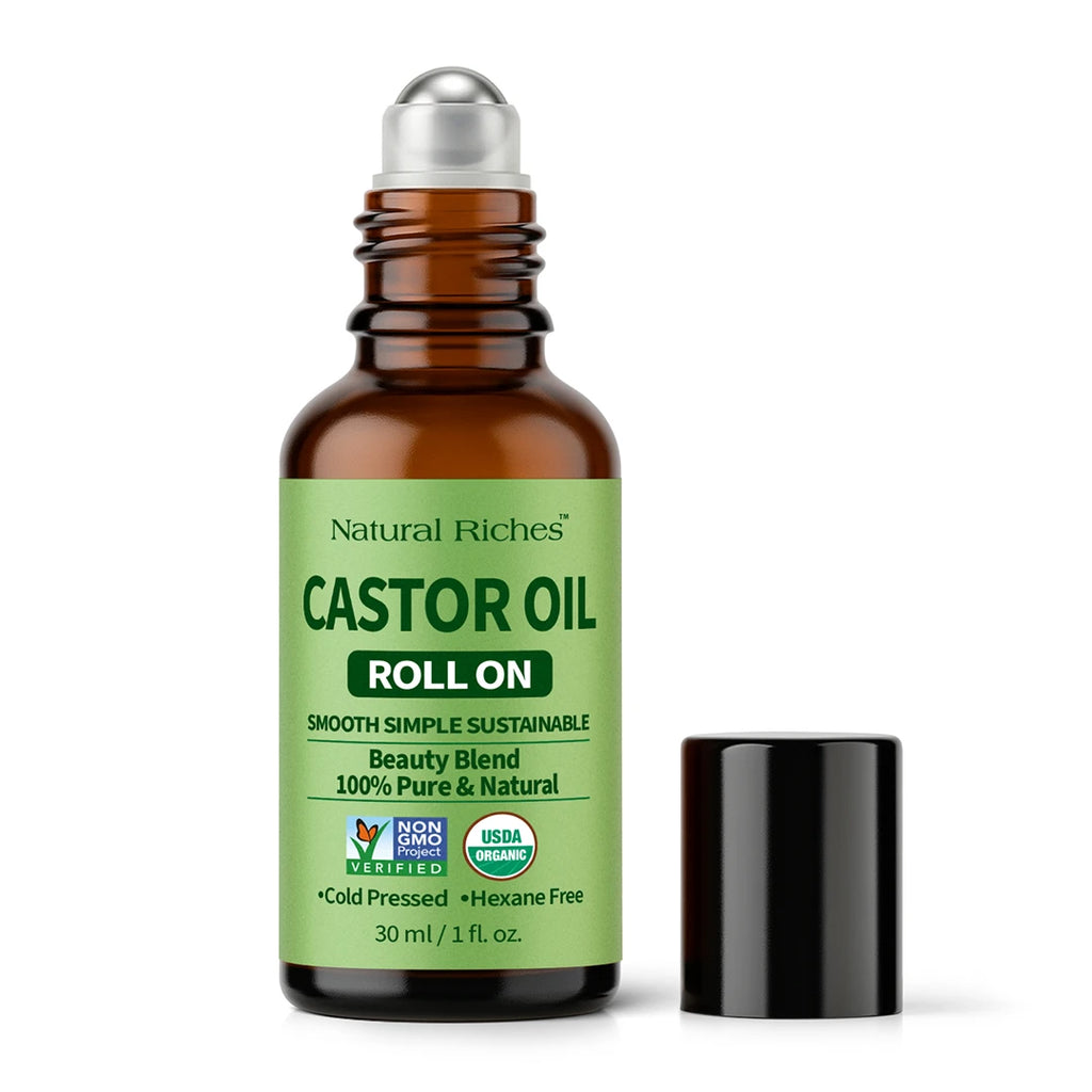 Bottle of Natural Riches Castor Oil Roll On on a white background