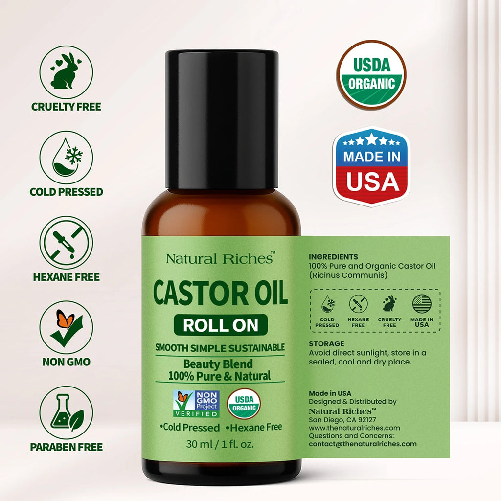 Bottle of Natural Riches Castor Oil Roll On with labels indicating certifications and product details.