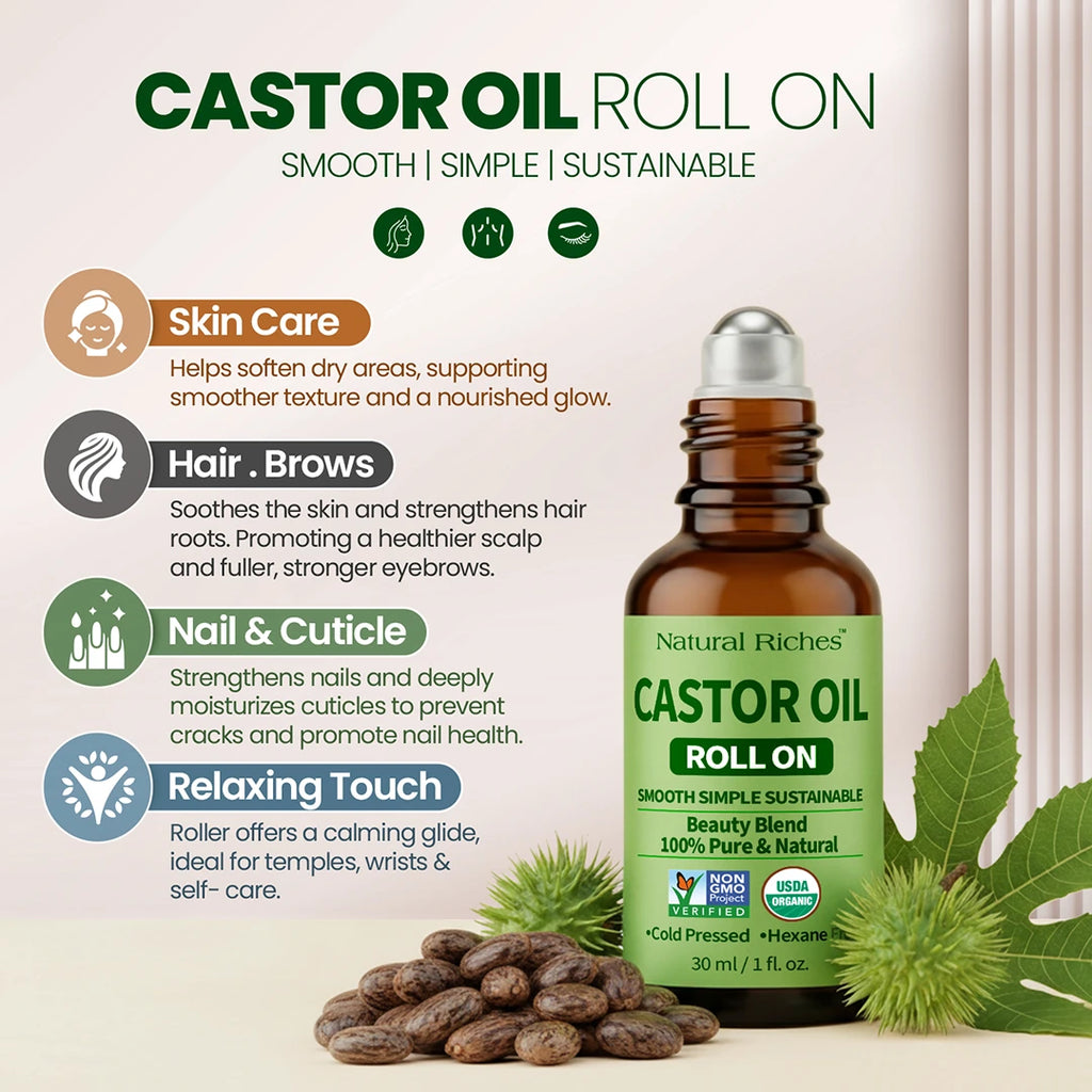 Castor oil roll on bottle with green label and leaves on a beige background