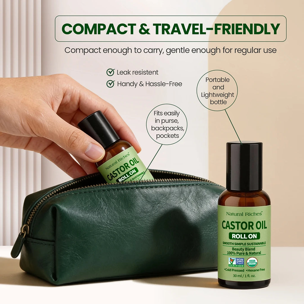 Bottle of castor oil Roll On with a hand holding it and text highlighting its compact and travel-friendly nature.