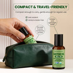 Bottle of castor oil Roll On with a hand holding it and text highlighting its compact and travel-friendly nature.