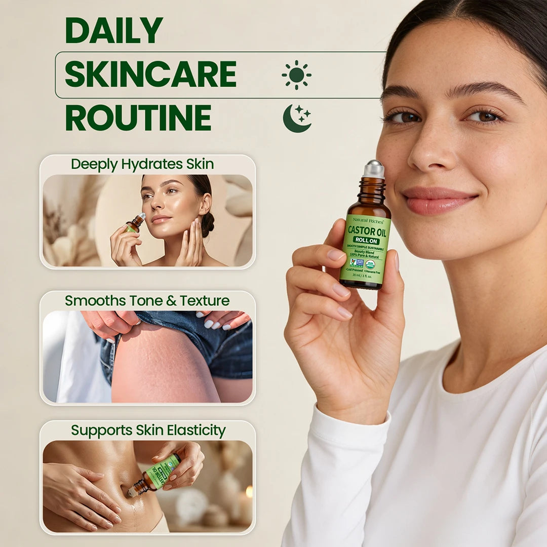 Woman holding a bottle of natural riches organic castor oil roll on with daily skincare routine benefits displayed.