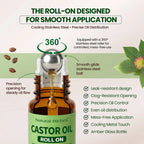natural riches organic castor oil roll on with features highlighted on a light green background