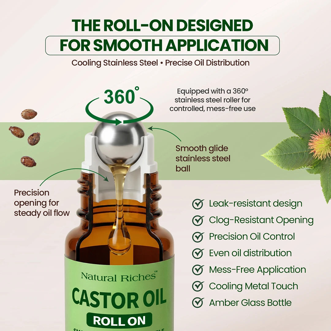 natural riches organic castor oil roll on with features highlighted on a light green background