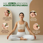 Woman sitting in a yoga pose with natural riches organic castor oil roll on application instructions on a beige background
