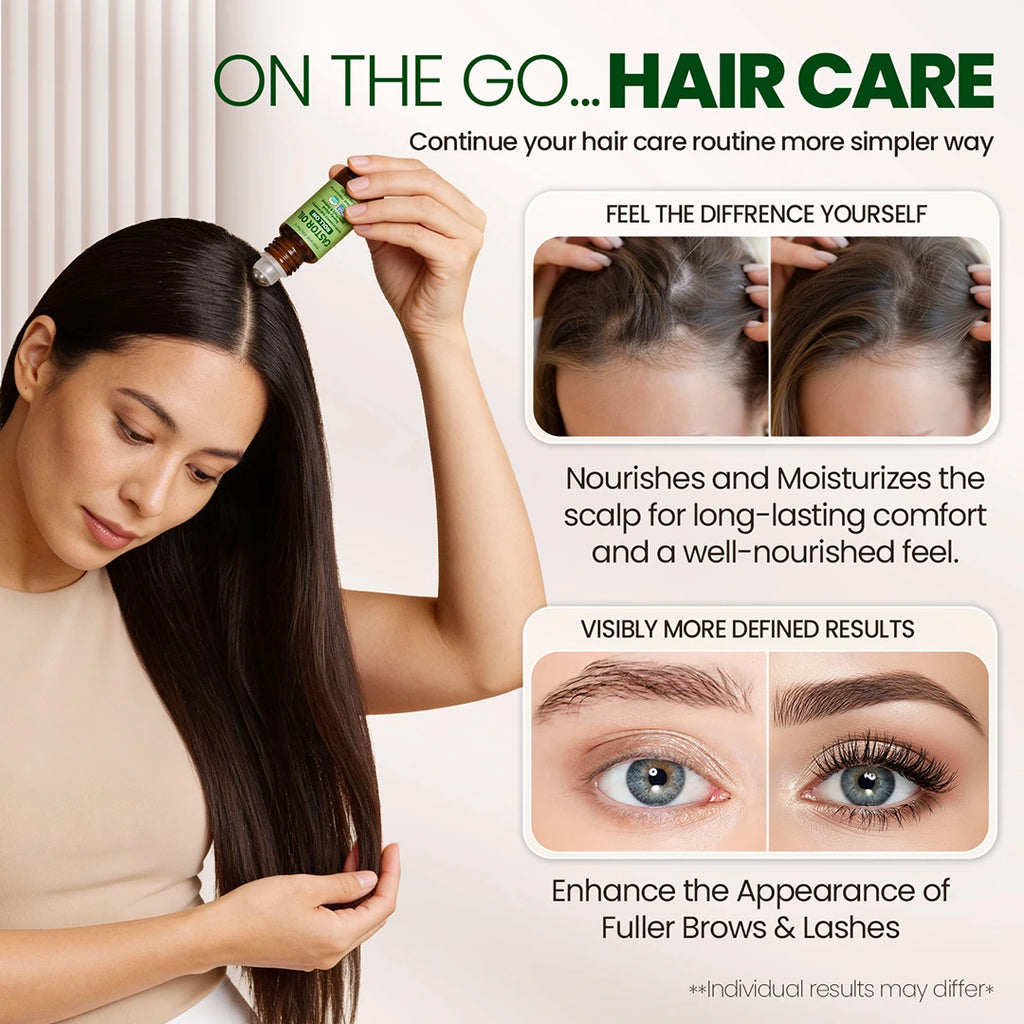 Woman applying natural riches organic castor oil roll on with text on hair care benefits