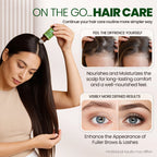 Woman applying natural riches organic castor oil roll on with text on hair care benefits