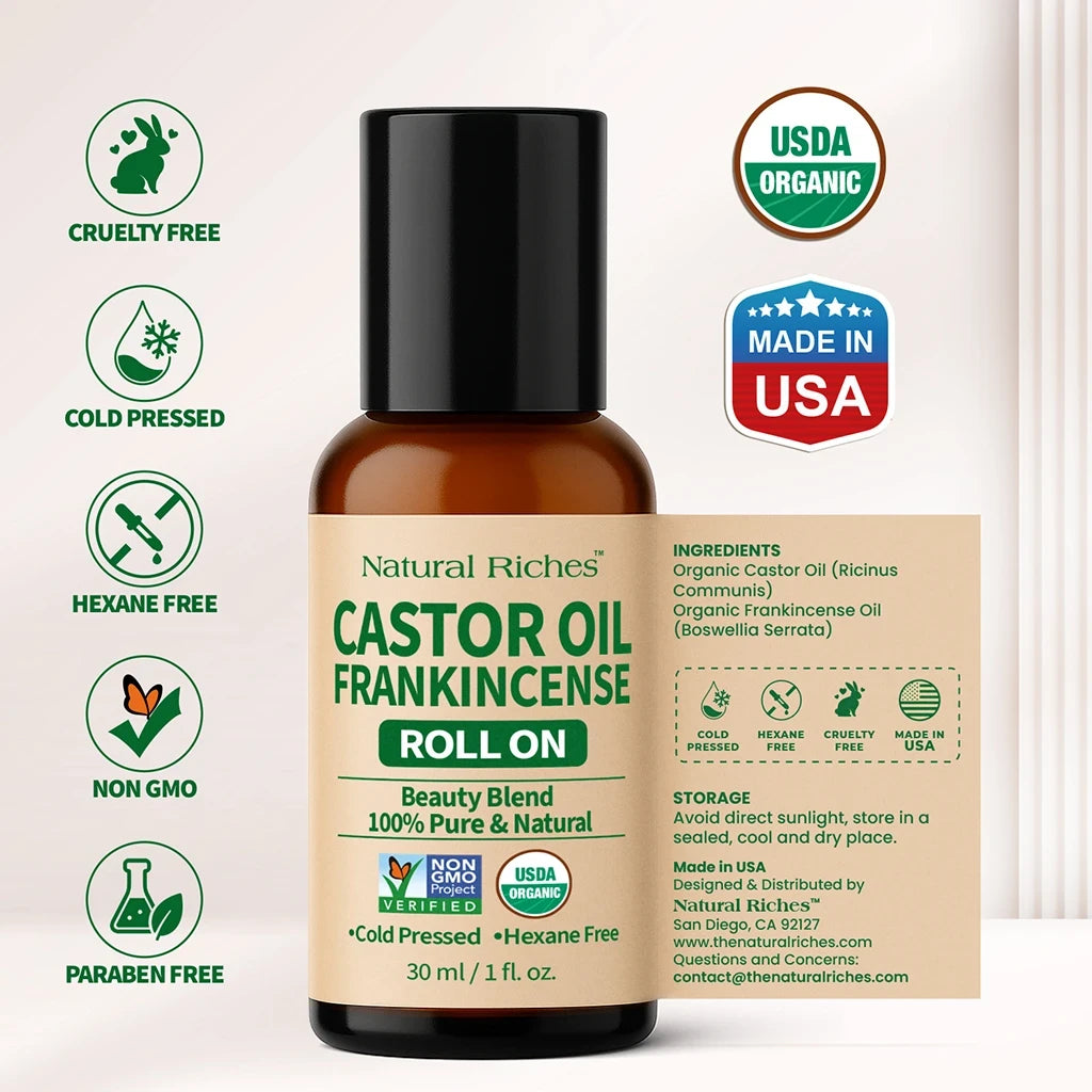 Bottle of Natural Riches Castor Oil Frankincense Roll On with certification logos on a white background
