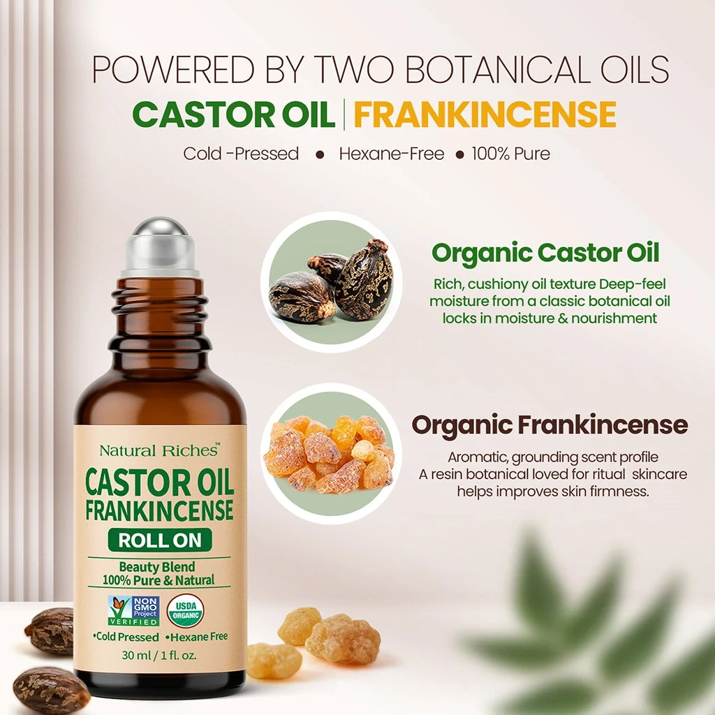 Bottle of Natural Riches Castor Oil Frankincense Roll On with botanical imagery and text on a light background.