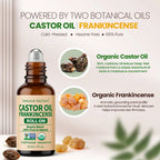 Bottle of Natural Riches Castor Oil Frankincense Roll On with botanical imagery and text on a light background.