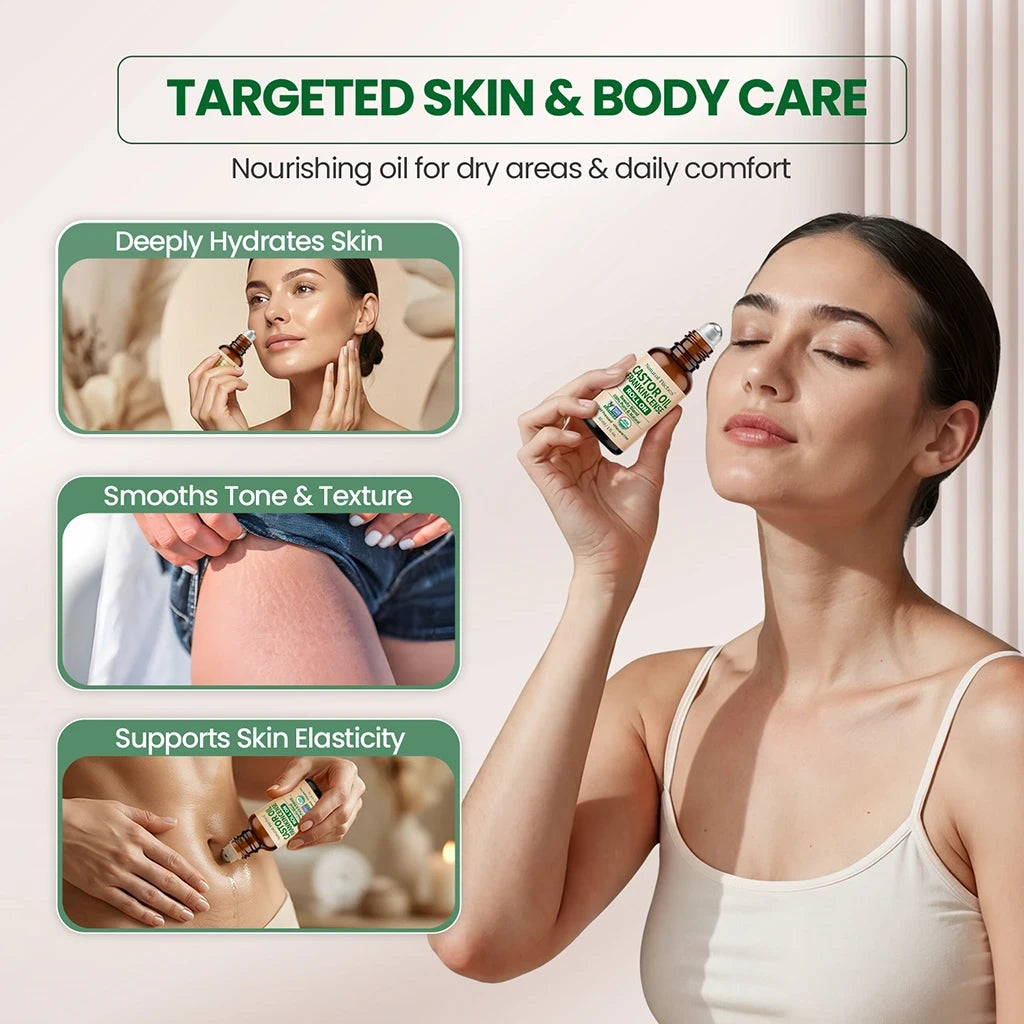 Woman using a skincare product Castor oil with frankincense roll-on with text highlighting benefits on a light background