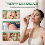 Woman using a skincare product Castor oil with frankincense roll-on with text highlighting benefits on a light background