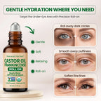 Castor oil frankincense roll-on bottle with usage instructions on a light background