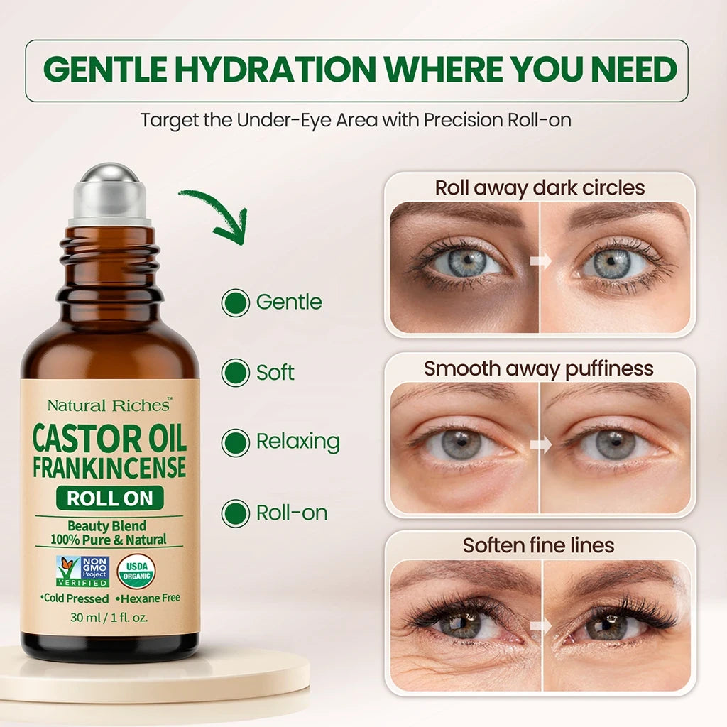 Castor oil frankincense roll-on bottle with usage instructions on a light background