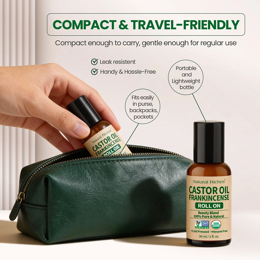 Hand holding a castor oil frankincense roll on bottle next to a green pouch with product details reminding how compact and travel friendly the bottle is.