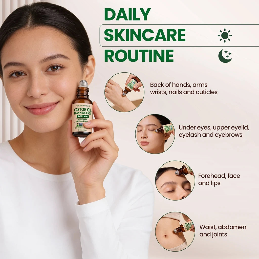 Woman holding a bottle of Castor Oil with daily skincare routine instructions on a beige background