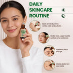 Woman holding a bottle of Castor Oil with daily skincare routine instructions on a beige background