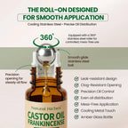 Castor oil frankincense bottle with roll-on design and features listed on a beige background
