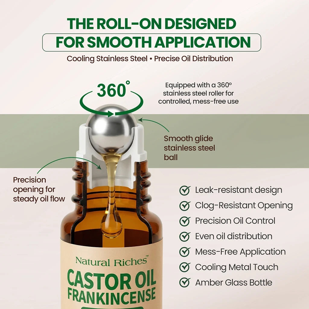 Castor oil frankincense bottle with roll-on design and features listed on a beige background