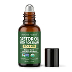 Brown roll-on bottle of castor oil with rosemary by Natural Riches on a white background