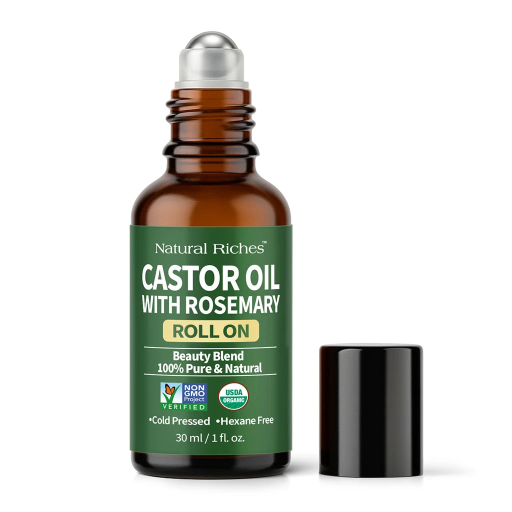 Brown roll-on bottle of castor oil with rosemary by Natural Riches on a white background