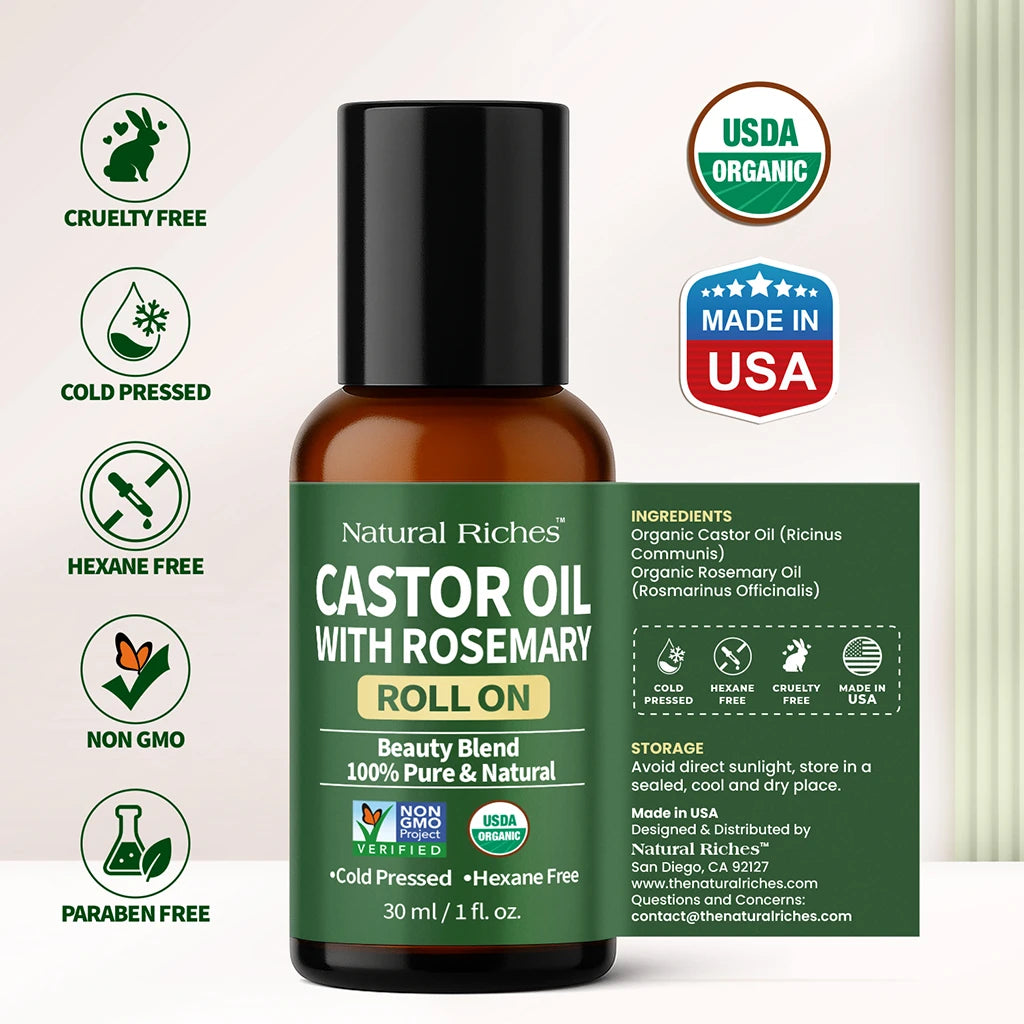 Bottle of Natural Riches Castor Oil with Rosemary Roll On on a white background with certification logos.