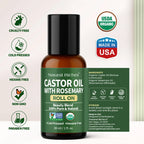 Bottle of Natural Riches Castor Oil with Rosemary Roll On on a white background with certification logos.