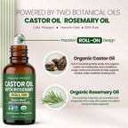 Bottle of Natural Riches Castor Oil with Rosemary Roll-On on a light background with ingredients.