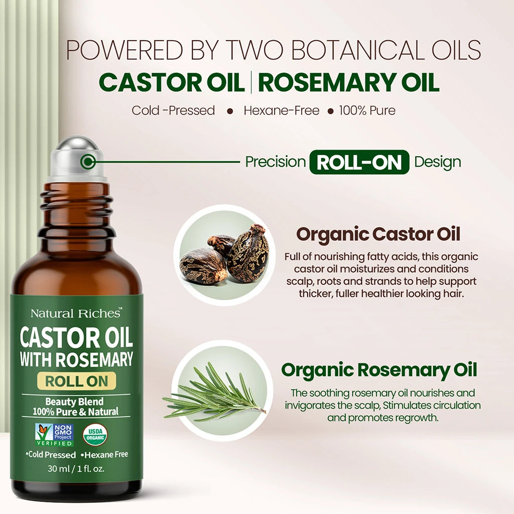 Bottle of Natural Riches Castor Oil with Rosemary Roll-On on a light background with ingredients.
