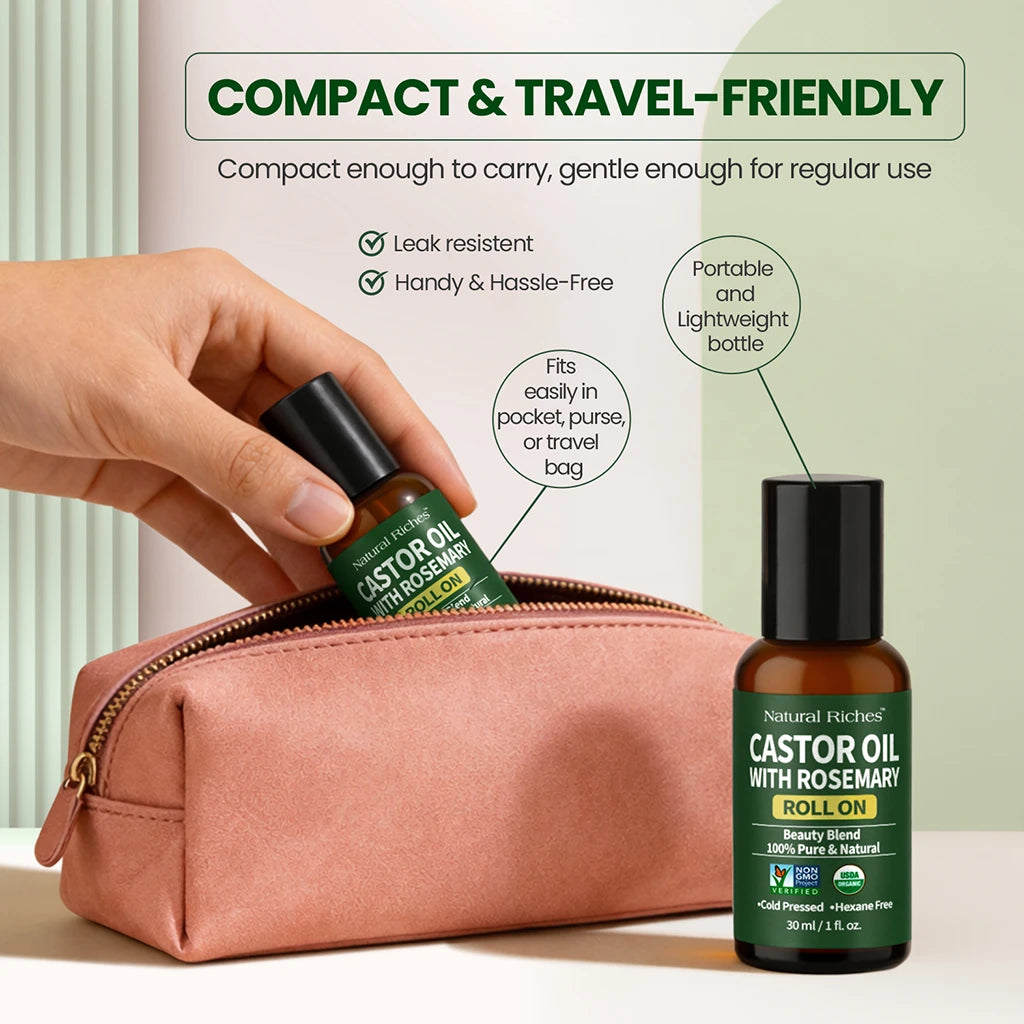 Bottle of castor oil with rosemary roll on held by a hand above a pink pouch, with text highlighting features.