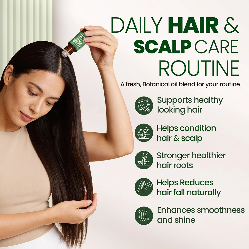 Woman with long hair holding a bottle of hair care product with text on daily hair and scalp care routine.