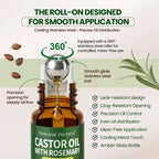 Bottle of castor oil with rosemary and features highlighted on a white background