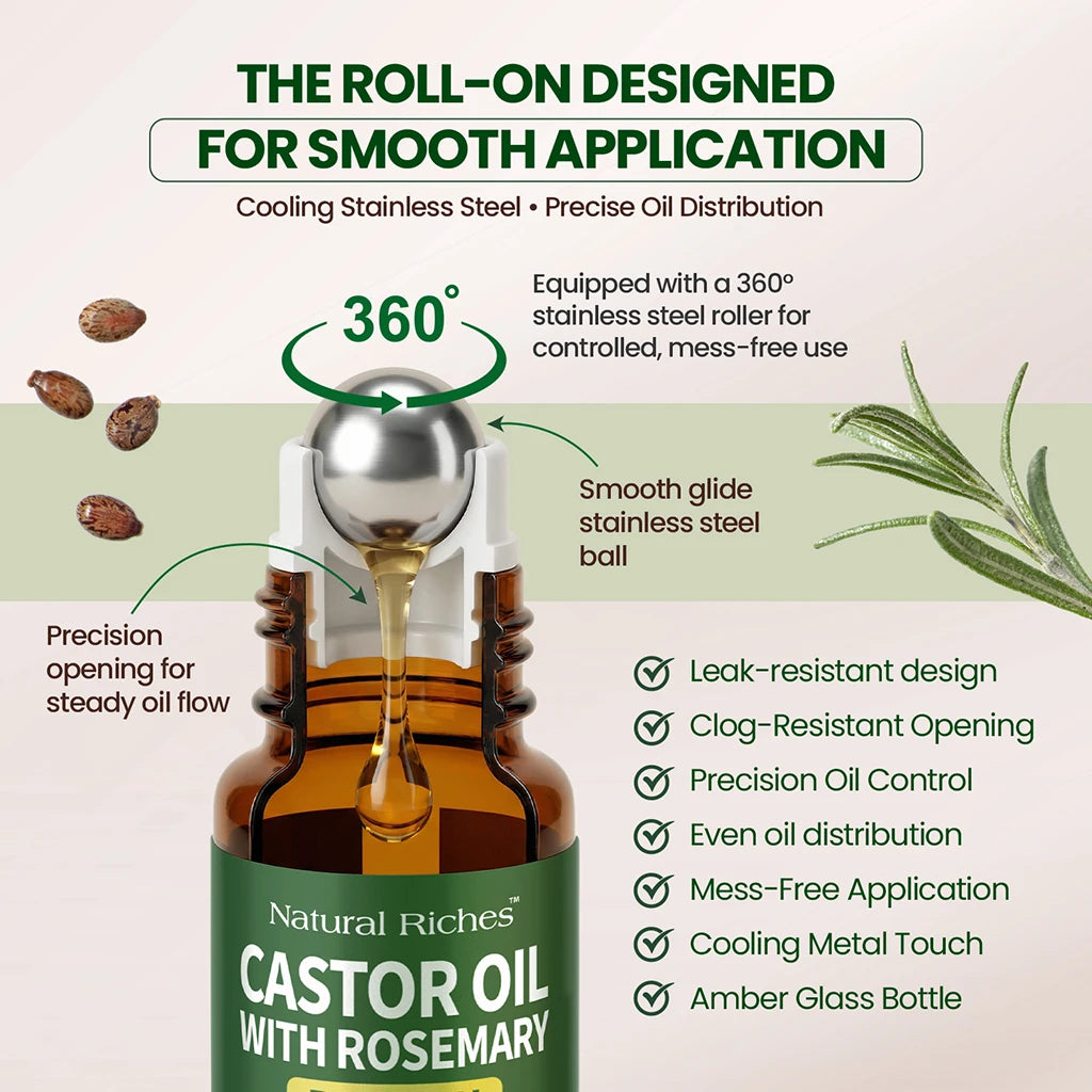 Bottle of castor oil with rosemary and features highlighted on a white background