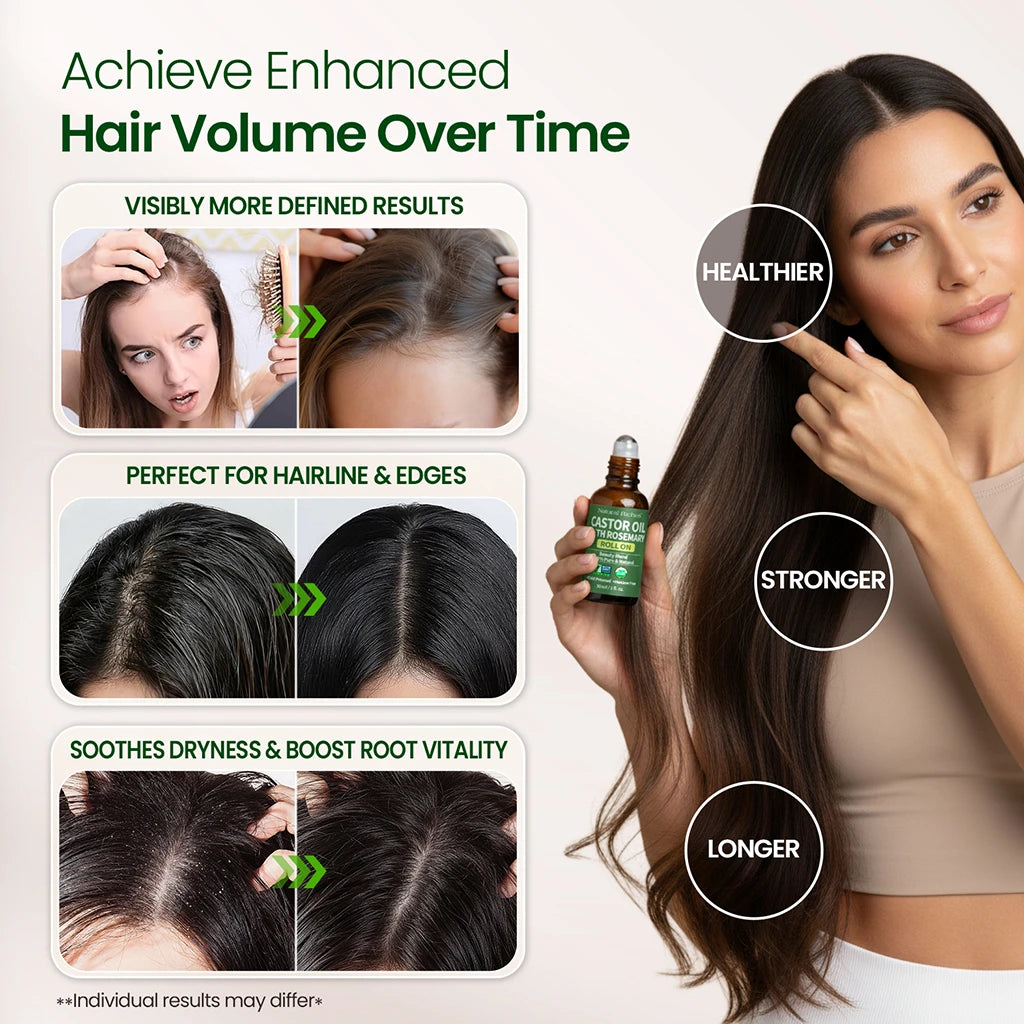 Woman with long hair holding a bottle of hair care product, showing before and after results.