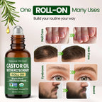 Bottle of Natural Riches Castor Oil with Rosemary Roll-On and its uses for nail care, hair care, and other skin treatments.