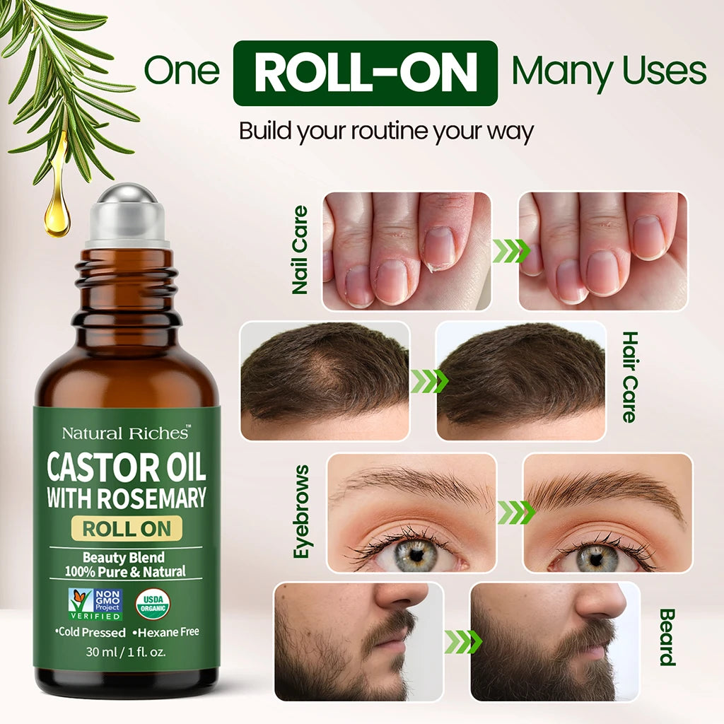 Bottle of Natural Riches Castor Oil with Rosemary Roll-On and its uses for nail care, hair care, and other skin treatments.