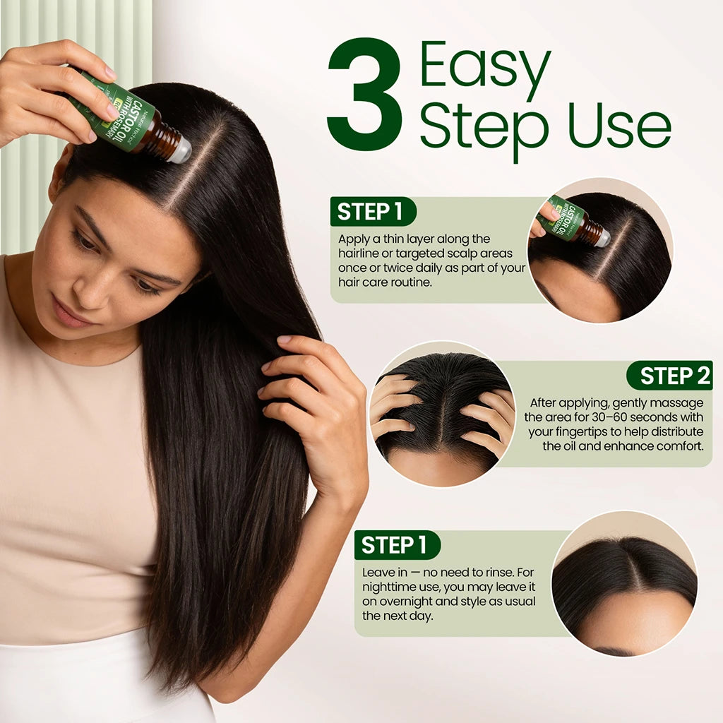 Woman applying hair oil with step-by-step instructions on a white background