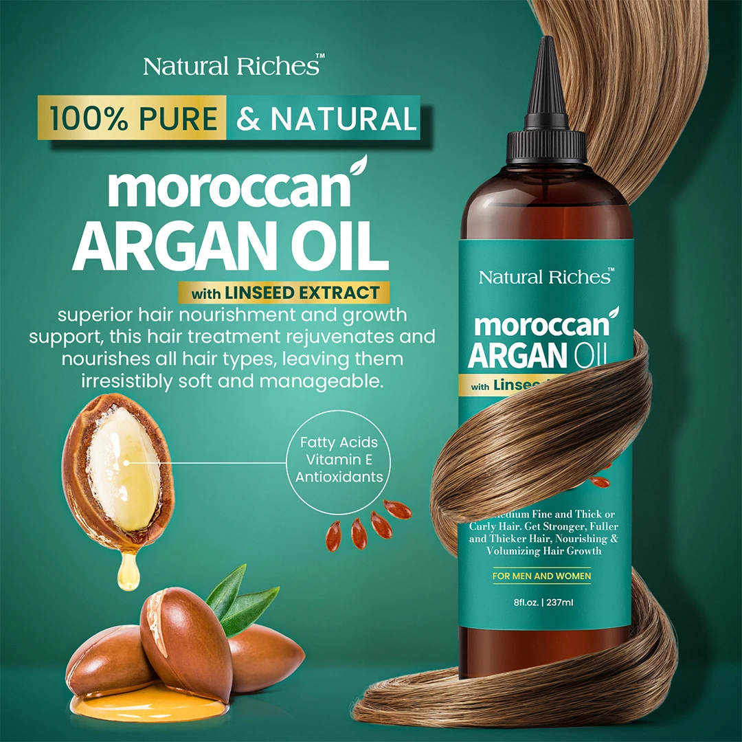 Bottle of Natural Riches Moroccan Argan Oil with text and graphics on a green background