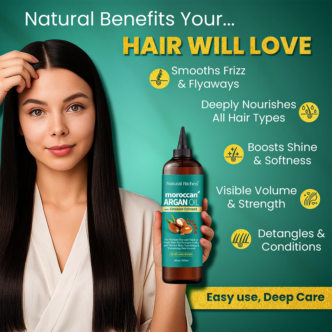 Woman holding a bottle of Moroccan Argan Oil with product benefits listed on a green background
