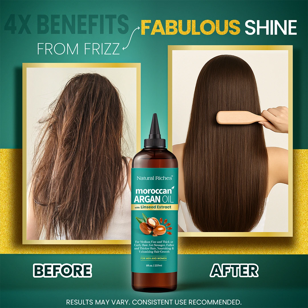 Advertisement for Moroccan Argan Oil hair product showing before and after effects on hair.