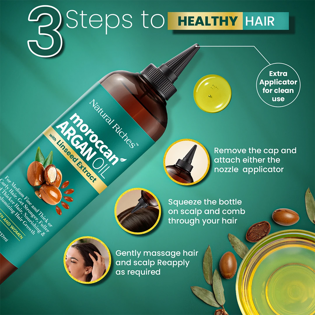 Moroccan Argan Oil bottle with usage instructions on a green background