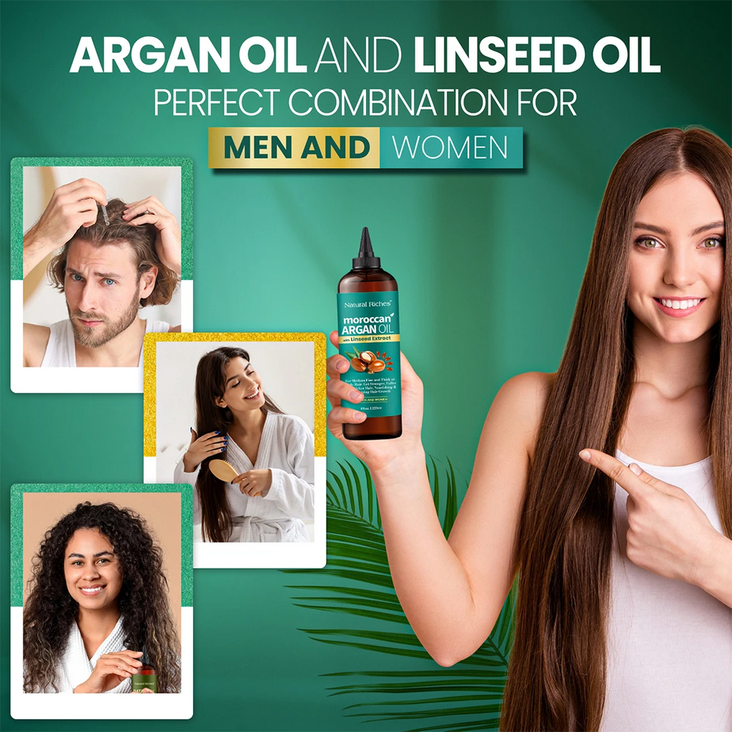 Woman holding a bottle of Moroccanoil Argan Oil with promotional text about the oil's benefits for men and women on a green background.