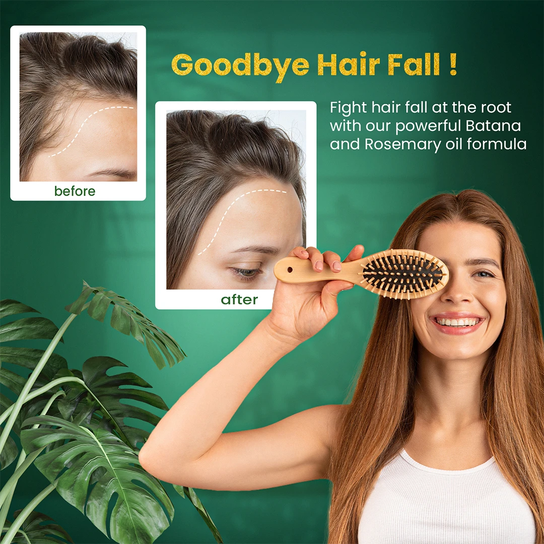 Woman with long hair holding a brush, before and after hair fall comparison on a green background
