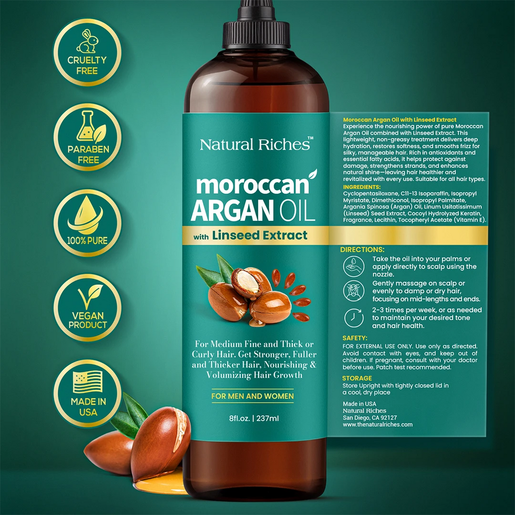 Bottle of Natural Riches Moroccan Argan Oil with Linseed Extract on a green background