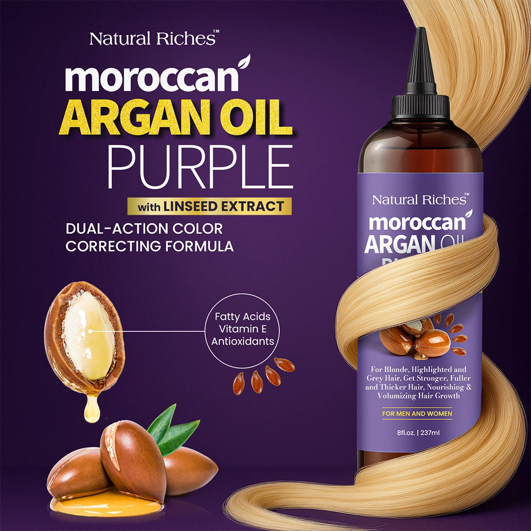 Bottle of Natural Riches Moroccan Argan Oil Purple hair product on a purple background with argan oil and hair strands.