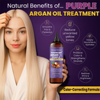 Woman holding a bottle of Moroccan Argan Oil Purple treatment with product benefits on a purple background.